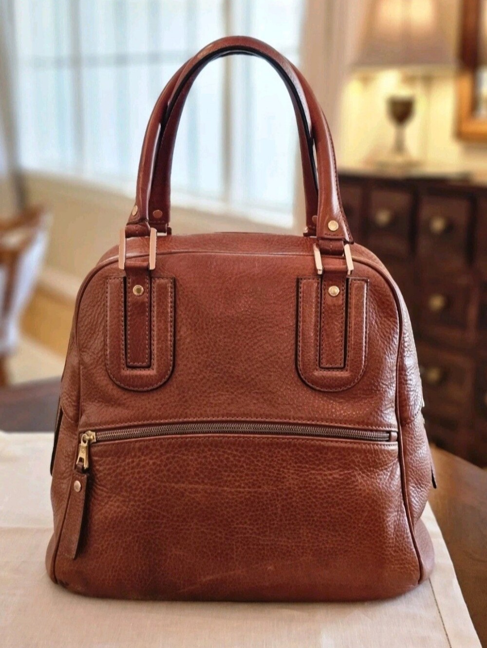 Longchamp Cosmos Large Brown Pebble Leather Tote Satchel Zip Closure Gold France - Picture 2 of 16